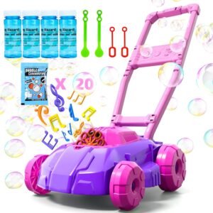 Automatic Bubble Lawn Mower Toy for Kids – Battery Operated Bubble Blower with Music, Outdoor Push Toy for Toddlers (Pink/Purple)