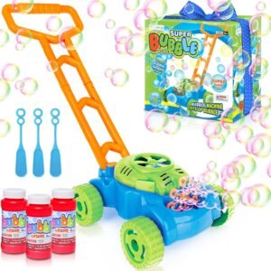 Kids Bubble Lawn Mower Toy with Realistic Sounds – Battery Operated Bubble Blower Push Toy for Toddlers & Kids (Blue/Green)